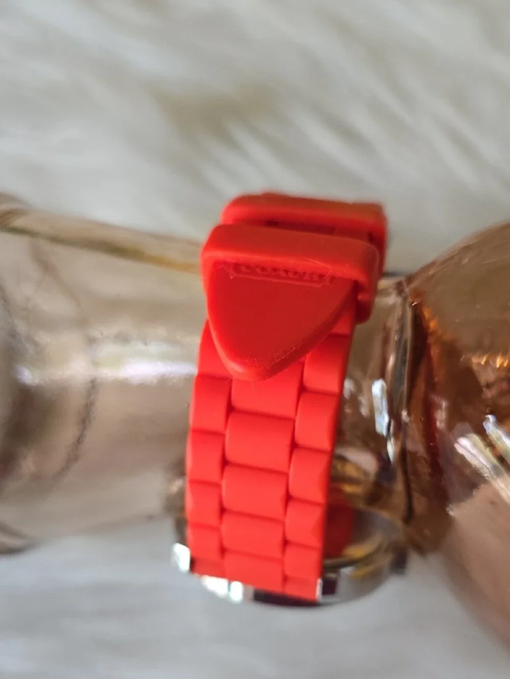 Coach Women's Silver Case Watch with Red Silicone Strap